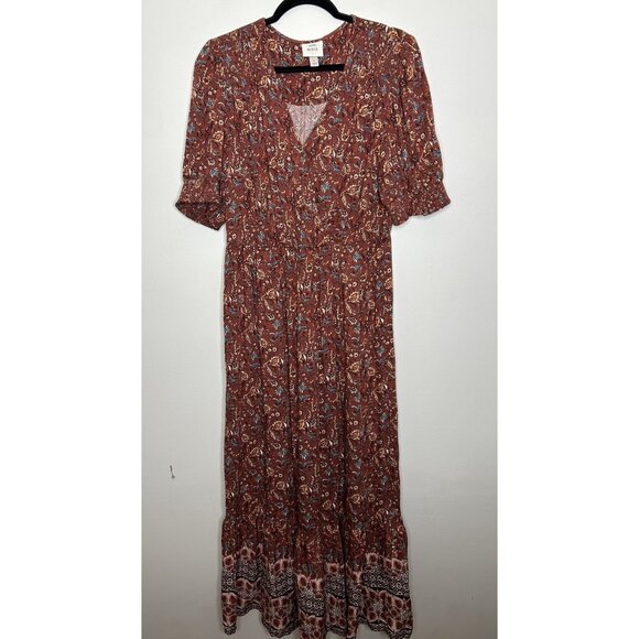 Knox Rose Women Dress Red Brown Floral A-Line Bohemian Ruffle Maxi Size Large - Picture 1 of 7